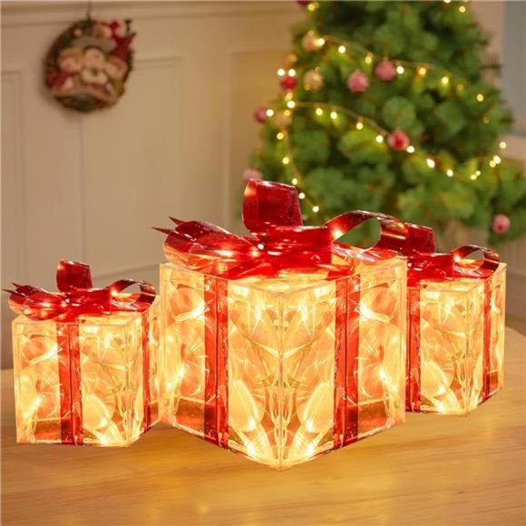 Holiday Set Of 3 Christmas Lighted Gift Boxes Prelit 6 Led Light Up